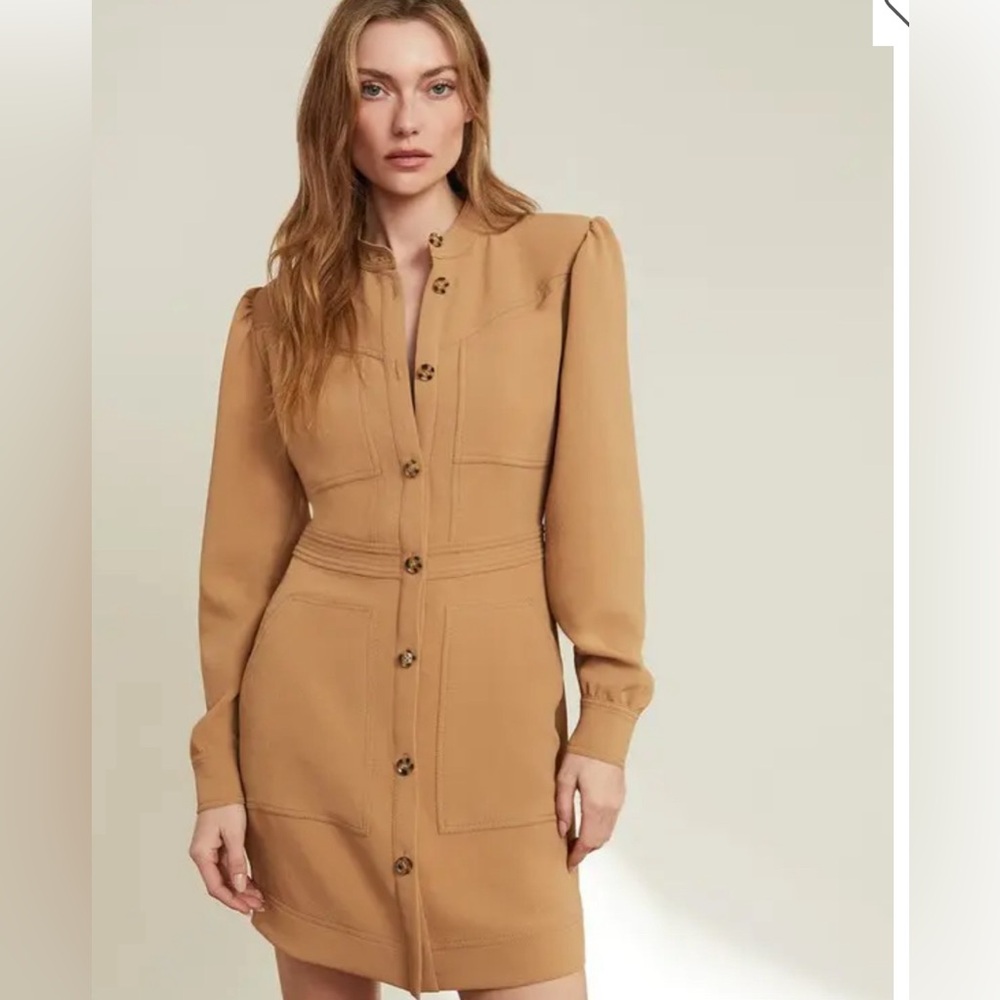Veronica Beard Camel Button-Front Long-Sleeve Dress